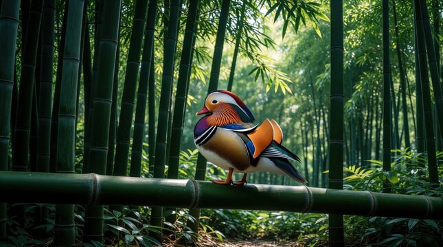 Colorful mandarin duck perches on thick bamboo branch. Vibrant bird sits in rich green forest habitat. Exotic waterfowl displays bright plumage amidst dense bamboo stalks. Beautiful avian wildlife