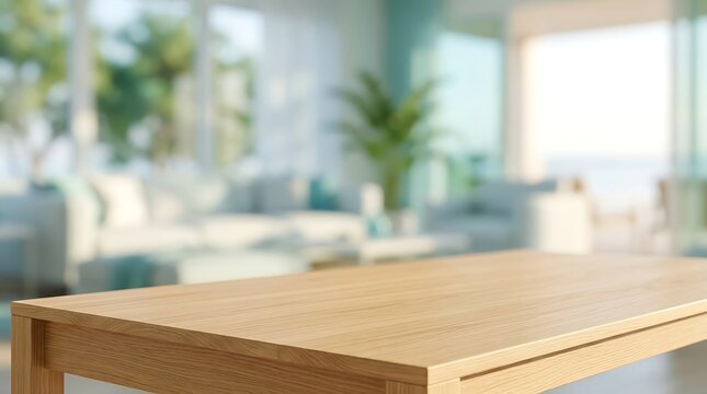Empty wooden table surface in a bright modern luxury living room with blurry ocean view background for product display.