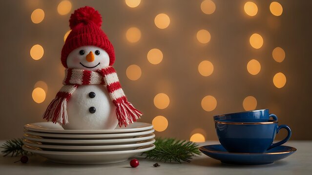 Detailed close up of cute snowman ornament sitting on stacked plates alongside dark blue teacup with bokeh, created with generative ai.