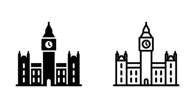 Big ben and parliament building solid and outline vector icons