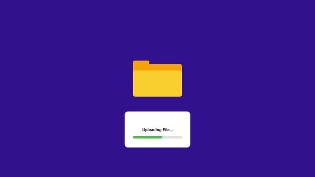 Flat design animation of file upload process with progress bar and folder icon on purple background.