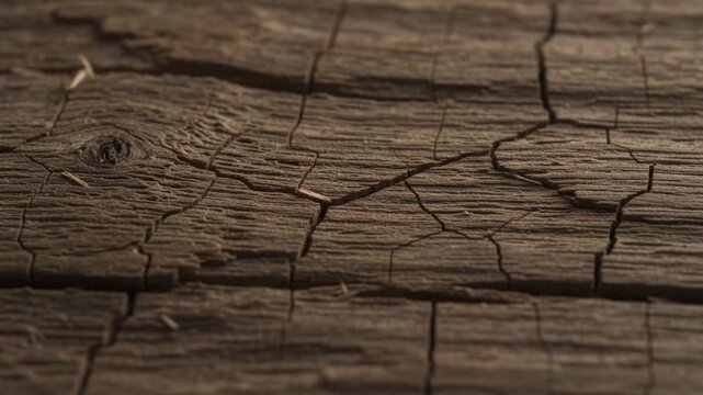 Close-up view of dry weathered wooden surface developing natural cracks and detailed texture, representing aging, dryness, deterioration, and organic material