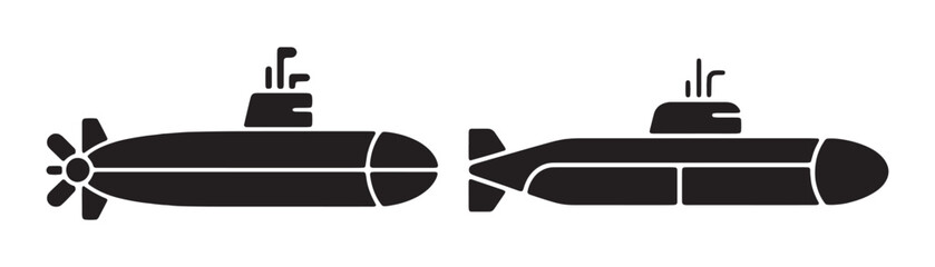 Obraz premium Submarine underwater vessel set featuring black side view silhouettes for naval warfare illustrations.
