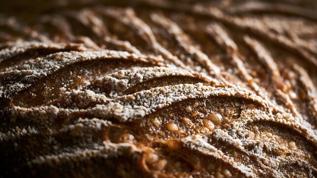 Sourdough bread crust texture with flour dusting and golden brown surface