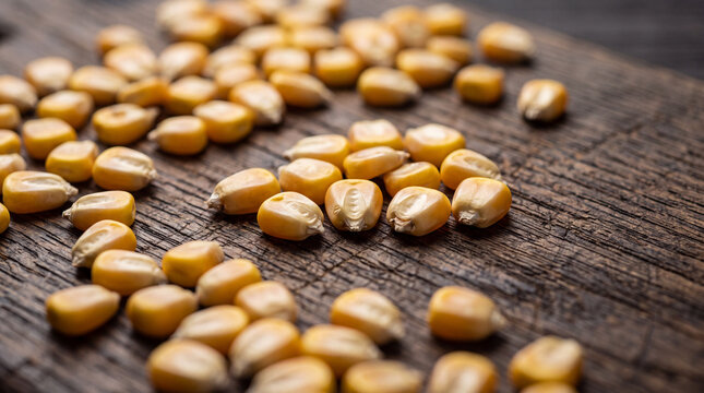 Scattered yellow corn kernels on dark rustic wooden board surface