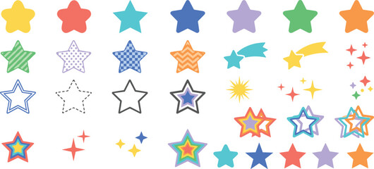 Fototapeta premium Cute Colorful Star Icon Set with Pattern Fills, Outlines, Shooting Stars, and Magic Sparkles for Kids Sticker and Stationery Design Elements