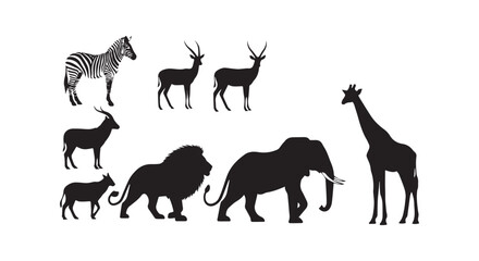Fototapeta premium Wildlife collection black silhouettes of animals isolated on white background vector.