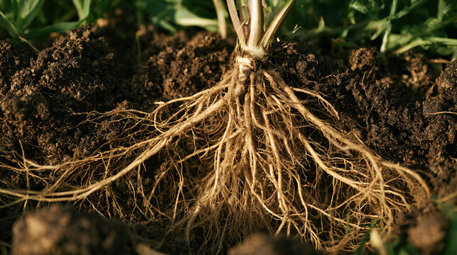 Complex root structure spreading underneath dark soil supporting green vegetation growing above the ground.