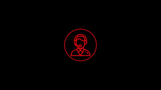 Red Neon Customer Support Agent Headset Icon with Circular Outline and Radiant Lines on Black Background