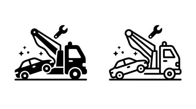 Tow truck and car towing service icon set in line and solid