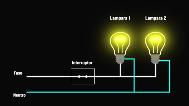 Electrical Circuit Diagram Animation with Switch Interruptor and Glowing Bulbs on black Screen Chroma Key.