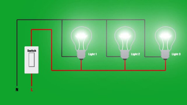 Parallel Electrical Circuit Diagram Animation with Switch and Light Bulbs on green Background.