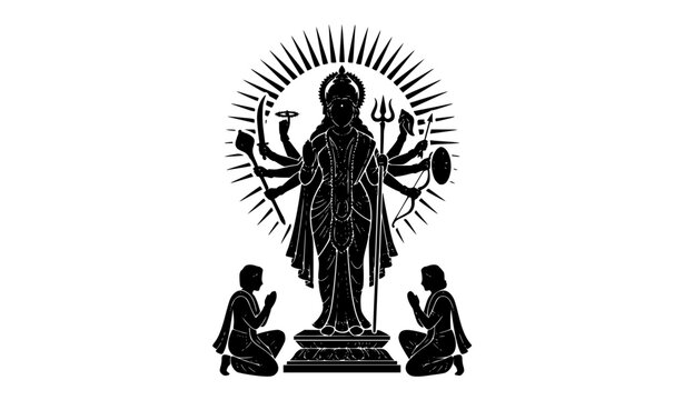 Silhouette of Multi-Armed Hindu Goddess Deity with Devotees Worshipping Vector Illustration