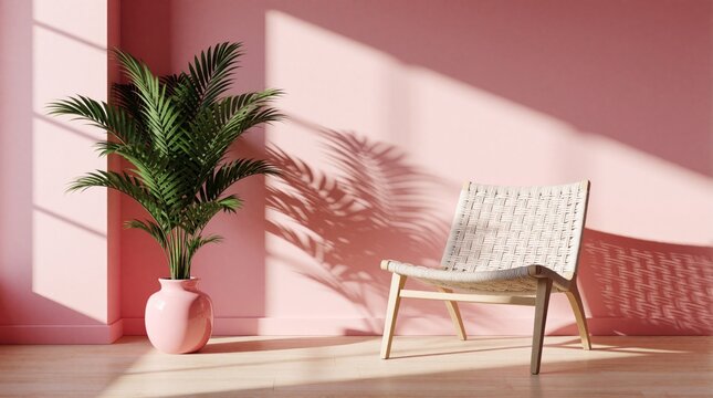 Minimalist pink interior with modern chair, green palm plant in pink vase. Sunlight creates soft shadows on wall. Cozy living room decor features aesthetic furniture, botanical elements for calm home
