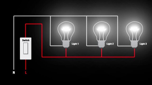Parallel Electrical Circuit Diagram Animation with Switch and Light Bulbs on Black Background.