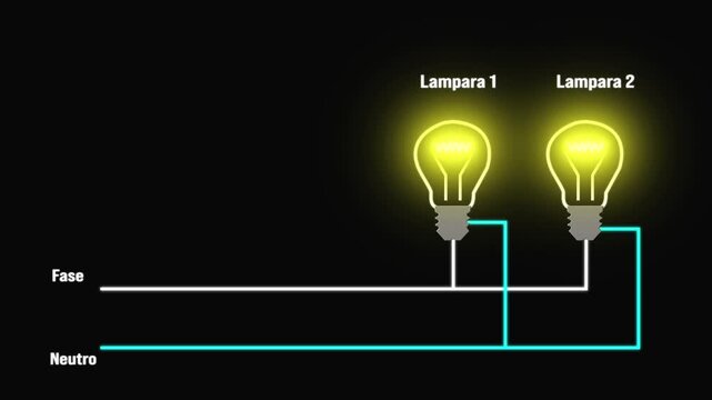 Electrical Circuit Diagram Animation with Two Glowing Bulbs Lampara 1 and 2 on Black Background.