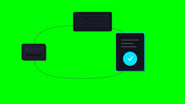 Premium flat vector animation of an unpaid invoice transforming into a paid state via a digital payment token traveling along a transaction pathway.