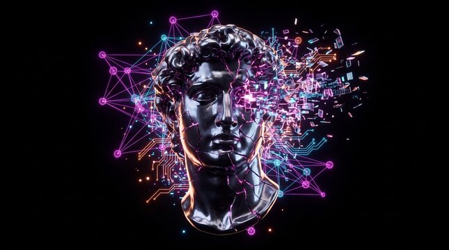 Cyberpunk Classical Sculpture Bust Shattering into Glowing Digital Data and Circuits