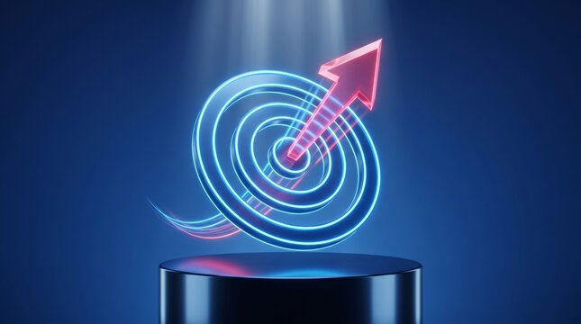 Glowing Neon Target Board with Red Arrow Hitting Bullseye on Podium 3D Illustration
