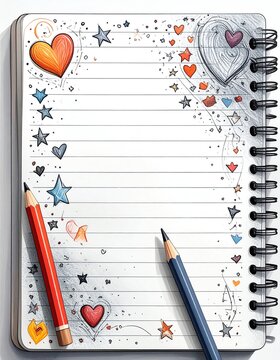 Creative notebook page with hand-drawn doodles and pencils