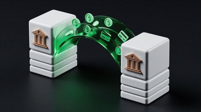 Digital money transfer between two bank accounts via secure online network. Green glowing arc moves dollar coins, credit cards from one white building icon to another. Fast fintech transaction