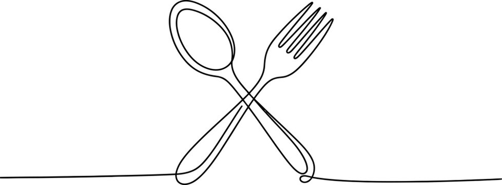Continuous line drawing of a spoon and fork crossed for restaurant