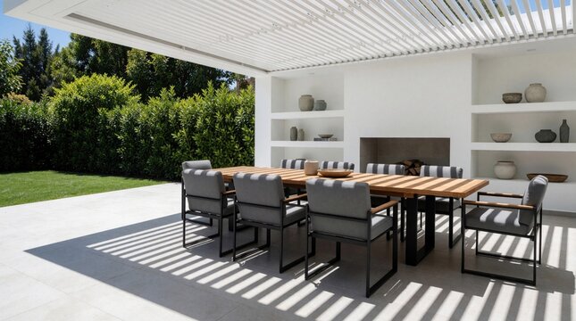 Modern patio dining set with wooden table, grey chairs on tiled terrace. Minimalist outdoor furniture sits under white pergola structure in luxury backyard garden. Stylish backyard area features