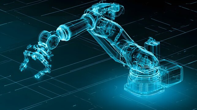 Blue holographic robotic arm schematic on dark grid background