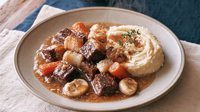 Slow cooked beef stew with tender cubes, carrot, mushroom, and creamy mashed potato create comforting rustic meal