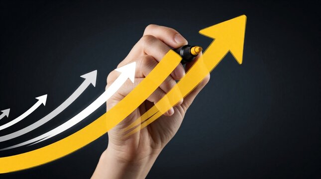 Human hand draws large yellow arrow pointing up on dark background. Multiple white arrows follow upward curve. Business growth concept shows progress, success, financial increase. Concept of profit,