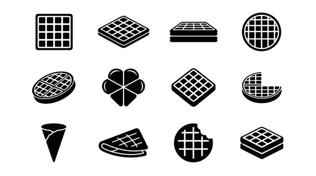 Set of black waffle icons in various shapes and styles on white background