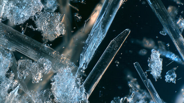 Crystals of ice form sharp geometric needle structures under microscopic examination during winter.