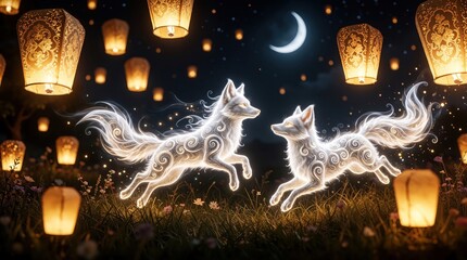 Obraz premium Two mystical white fox spirits leap through night meadow. Glowing magical creatures jump under crescent moon, floating sky lanterns. Fantasy forest scene with ethereal light, sparkling energy,