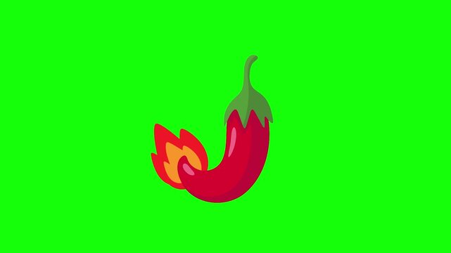 Hot cartoon chili pepper with vibrant fire animation, representing intense flavor on isolated green screen