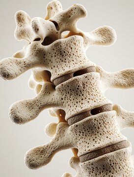Detailed view of human spine vertebrae bones stacked vertically. Illustrates spinal column structure including disc space and bony arch elements for study.