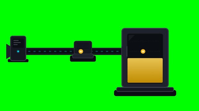 Premium flat vector animation showing financial tokens flowing through a revenue inlet, passing an operational processor, and accumulating inside a geometric business vault.