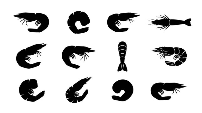 Set of black shrimp silhouettes isolated on a white background