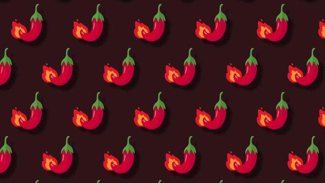 Dynamic spicy red chili pepper pattern with hot flames on a rich dark brown backdrop