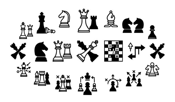 Chess strategy game pieces and checkmate concept black vector icon set