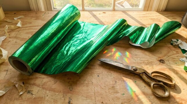 Green metallic foil wrapping material on a wooden table