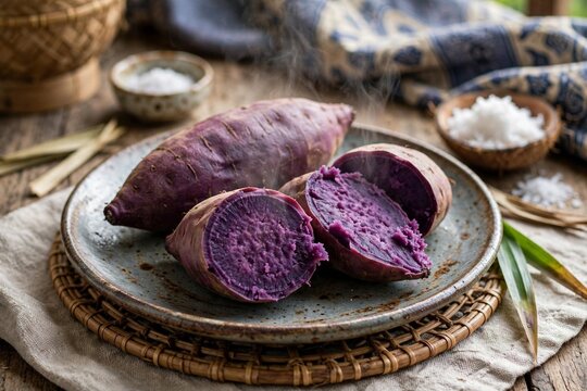 Steamed Purple Sweet Potato Ubi Ungu Kukus Hot Steaming on Rustic Plate with Grated Coconut and Salt