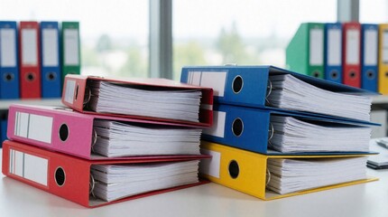 Obraz premium Colorful lever arch files stack on office desk. Multicolored binders filled with paper documents sit in workspace. Organized stationery supplies for business administration, document management,