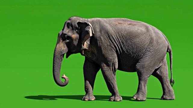 Realistic Asian Elephant Walking on Green Screen, Chroma Key Isolated Wildlife Animal Animation 4K
