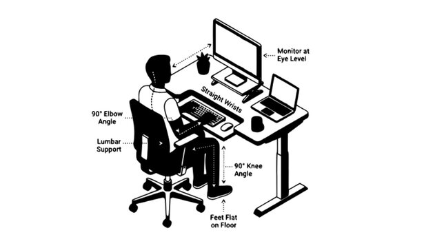 Isometric vector illustration of perfect ergonomic office workspace posture and healthy spine alignment at desk