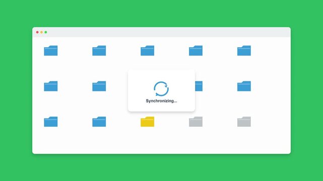 Flat design animation of folder synchronization process on computer screen showing sync complete.
