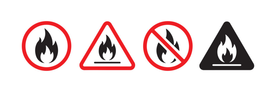 Red and black warning signs prohibiting fire and indicating flammable materials hazard warning.