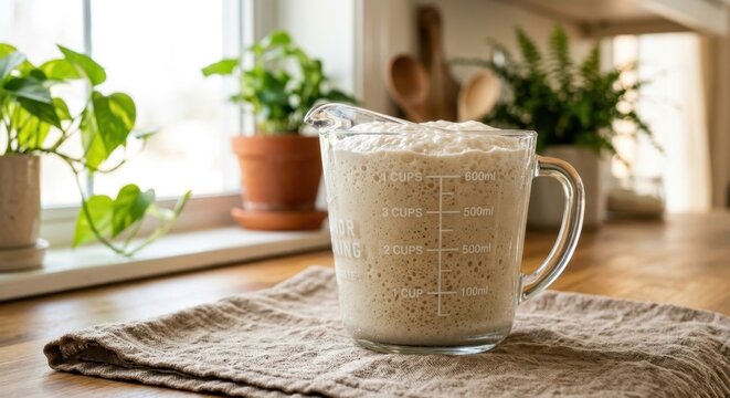 Active bubbly sourdough starter or yeast mixture rising in a glass measuring cup on a kitchen counter, home baking process with natural light and house plants in the background.