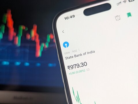 State Bank of India SBI share price gain on mobile trading app screen close up stock photo