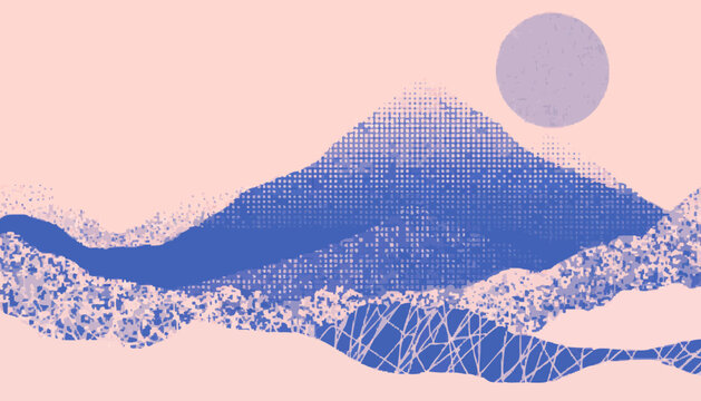 Abstract landscape illustration with mountains and a circular sun halftone style