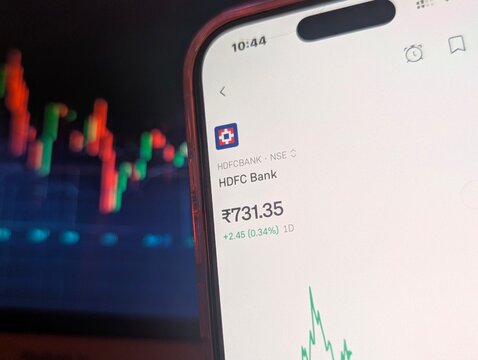 HDFC Bank share price gain on mobile trading app screen close up stock photo